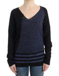 Women's Black Striped V-Neck Sweater Acrylic Clothing