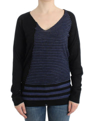 Women's Black Striped V-Neck Sweater Acrylic Clothing