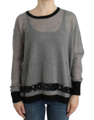 Women's Gray Embellished Asymmetric Sweater Mohair Clothing