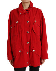 Women's Red Polyester Hooded Button Rain Coat Jacket Clothing