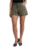 Women's Green Embellished Cotton High Waist Hot Pants Shorts