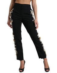 Women's Black Floral Applique High Waist Tapered Pants Virgin Wool Elastane