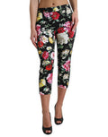 Women's Black Floral Print Mid Waist Cropped Pants Cotton Elastane