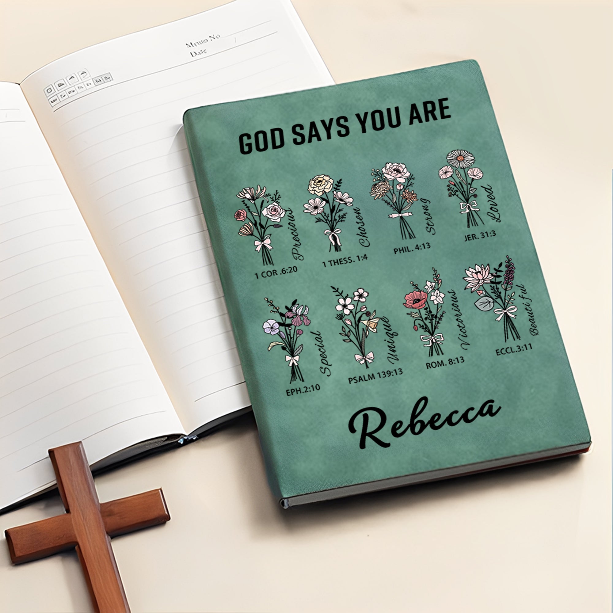 Cuaderno de notas A5 personalizado con nombre y 200 líneas de versículos de la Biblia Flor de nacimiento Regalo de bautizo para amigos cristianos