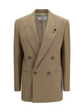 Lardini Double-Breasted Stretch Wool Blend Blazer — Beige