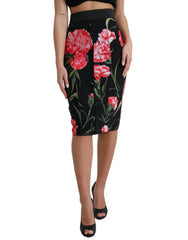 Women's Black Carnation Pencil Cut Knee Length Skirt Nylon Elastane