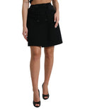 Women's Black Wool Button High Waist Aline Mini Skirt Virgin