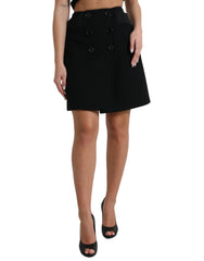 Women's Black Wool Button High Waist Aline Mini Skirt Virgin
