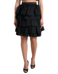 Women's Black Tiered Aline High Waist Silk Mini Skirt
