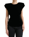 Women's Black Velvet Fitted Padded Shoulder Blouse Top Viscose Silk