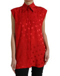 Women's Red Polka Dot Sleeveless Collared Blouse Top Silk