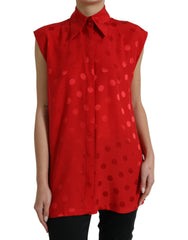 Women's Red Polka Dot Sleeveless Collared Blouse Top Silk