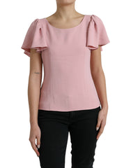 Women's Pink Short Sleeves Round Neck Blouse Top Viscose Acetate Elastane