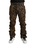 Men's Leopard Jacquard Joggers Brown Polyester Cotton Nylon