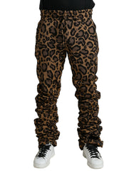 Men's Leopard Jacquard Joggers Brown Polyester Cotton Nylon