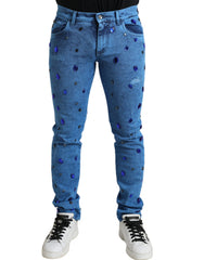 Men's Blue Crystal Embellished Skinny Denim Jeans Cotton Polyester Elastane Clothing