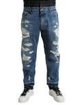 Blue Tattered Cotton Men Denim Jeans Elastane Clothing