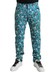 Men's Blue Floral Print Skinny Cotton Denim Pants