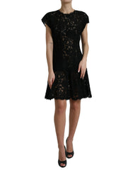 Women's Black Floral Lace Cotton A-Line Mini Dress Nylon Viscose