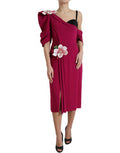 Women's Purple Flower Embellished One Shoulder Dress Silk