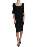 Women's Black Floral Lace Viscose Bodycon Midi Dress Acetate Elastane