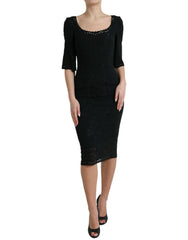 Women's Black Floral Lace Viscose Bodycon Midi Dress Acetate Elastane