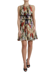 Women's Beige Floral Sleeveless A-Line Mini Dress Pattern Silk