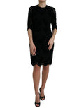 Women's Black Floral Lace Cotton Bodycon Dress Nylon