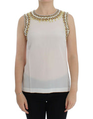 Women's White Crystal Embellished Tank Top Silk