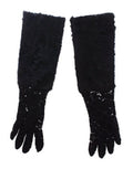 Women's Black Lace Wool Lambskin Fur Elbow Gloves Xiangao Lamb