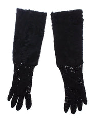 Women's Black Lace Wool Lambskin Fur Elbow Gloves Xiangao Lamb