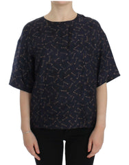 Women's Blue Gold Key Print Silk Blouse