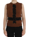 Women's Brown Wool Black Lace Vest Sweater Top Beige Cotton