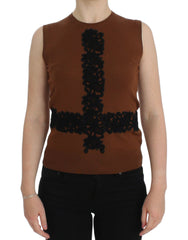 Women's Brown Wool Black Lace Vest Sweater Top Beige Cotton