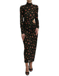 Women's Black Floral Cut Out Sheath Long Maxi Dress Nylon Elastane Silk