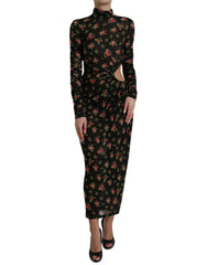 Women's Black Floral Cut Out Sheath Long Maxi Dress Nylon Elastane Silk