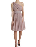 Women's Pink One Shoulder Pleated Lame Tulle Dress Polyester Film Fiber Cotton