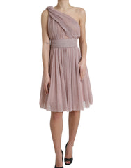 Women's Pink One Shoulder Pleated Lame Tulle Dress Polyester Film Fiber Cotton