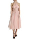 Women's Pink Silk Chiffon Halter A-Line Pleated Midi Dress