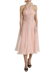 Women's Pink Silk Chiffon Halter A-Line Pleated Midi Dress
