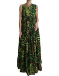 Women's Green Banana Leaf Sleeveless Long Maxi Dress Silk Nylon