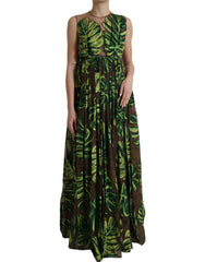 Women's Green Banana Leaf Sleeveless Long Maxi Dress Silk Nylon