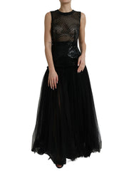 Women's Sequined Mesh Gown Black Nylon Silk Elastane