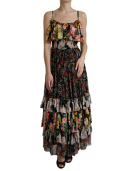 Women's Multicolor Floral Chiffon Tiered Maxi Dress Silk