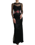 Women's Floral Embroidery Mesh Tulle Dress Black Nylon Cotton Silk