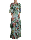Women's Blue Floral Print Tiered Long Maxi Dress Silk