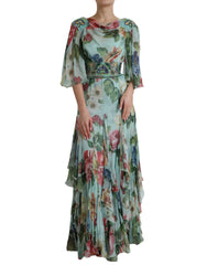 Women's Blue Floral Print Tiered Long Maxi Dress Silk