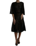 Women's Black Floral Lace Sheer A-Line Midi Dress Viscose Nylon Polyester