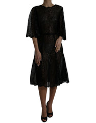 Women's Black Floral Lace Sheer A-Line Midi Dress Viscose Nylon Polyester