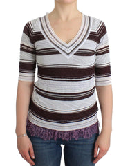 Women's Striped Lace V-Neck Short Sleeve Top Sweater Rayon Blend